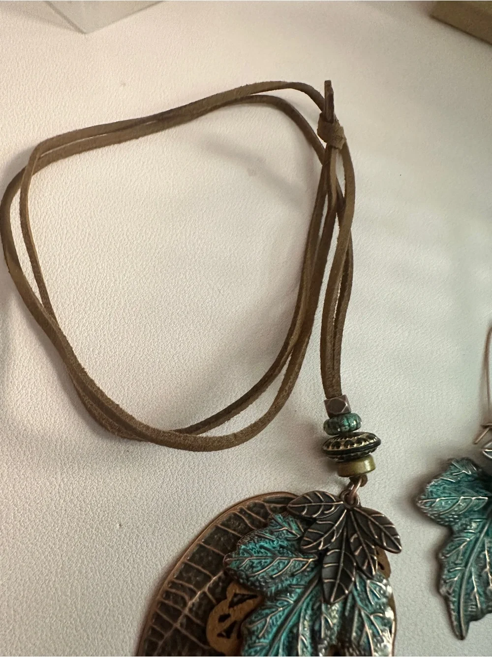 Teal and Bronze Leaf Pendant Necklace and Earrings Set in Patina Bronze